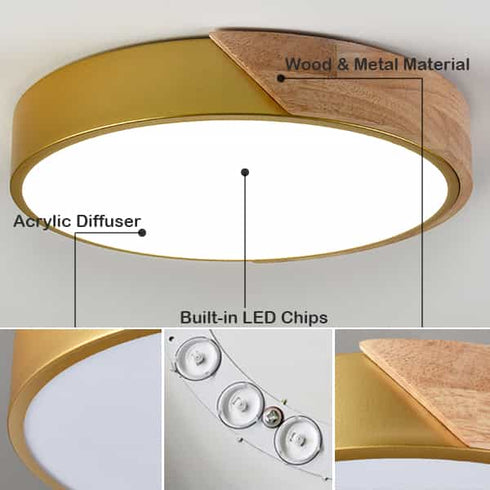 Simple Gold and Wood LED Flush Mount Ceiling Light